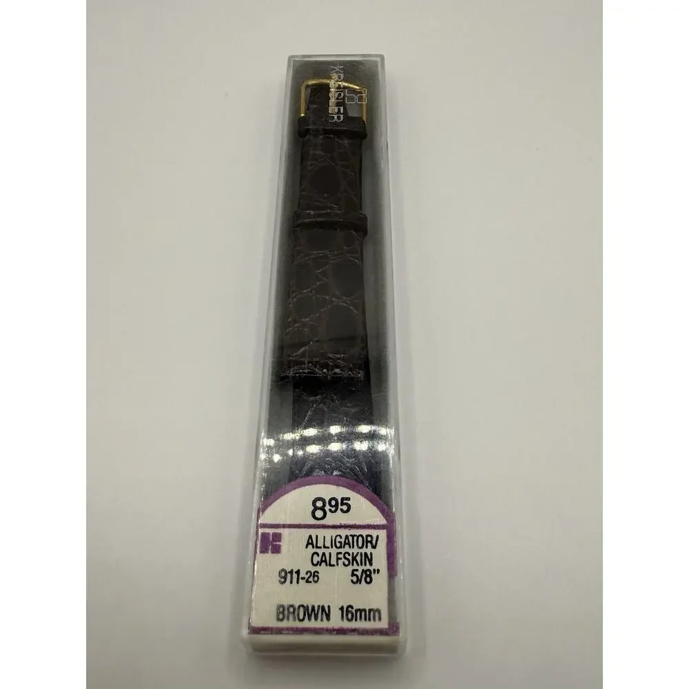 16mm KREISLER Alligator Calfskin Brown NOS Vintage Watch Band & Gold Buckle
